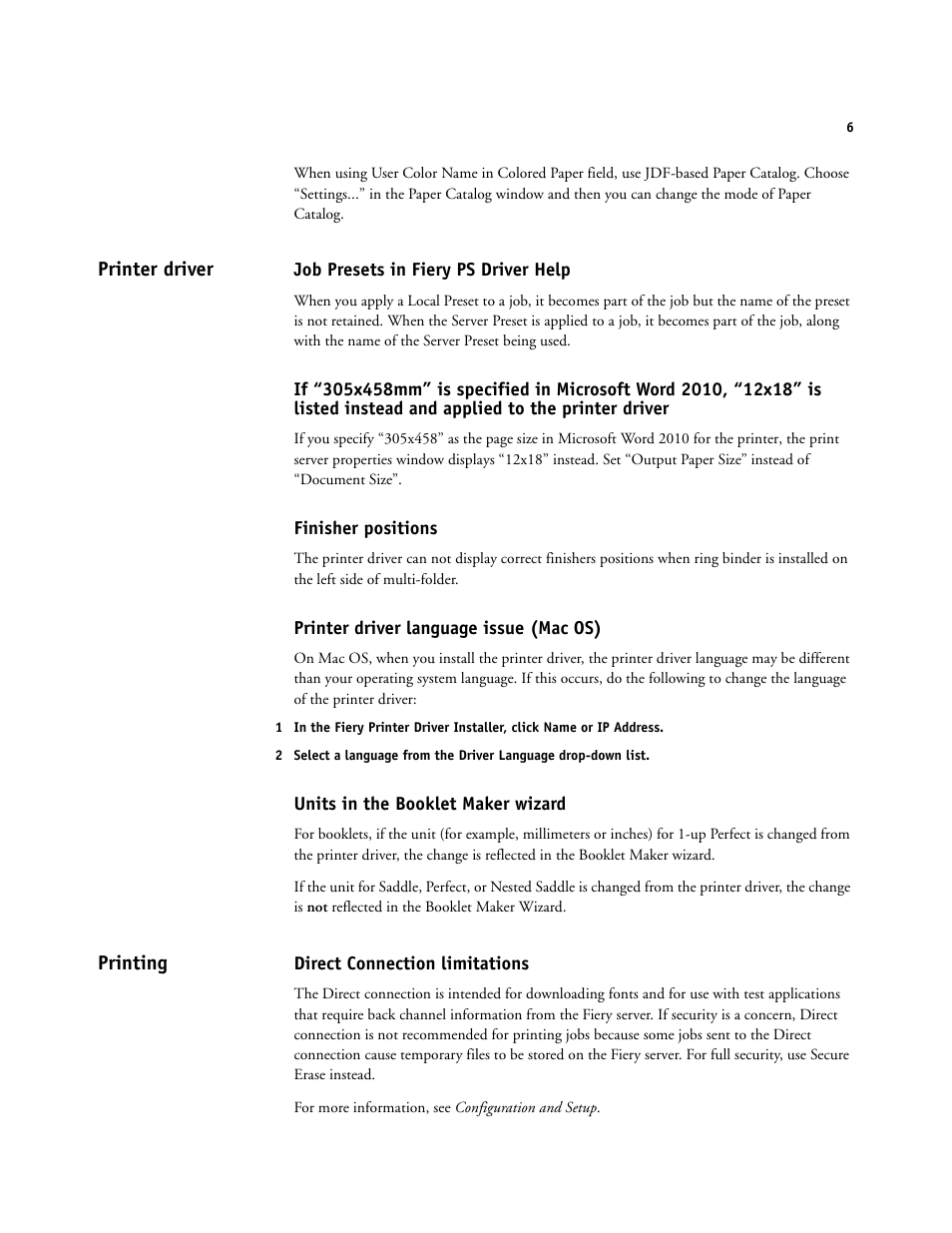 Printer driver, Job presets in fiery ps driver help, Finisher positions | Printer driver language issue (mac os), Units in the booklet maker wizard, Printing, Direct connection limitations | Konica Minolta bizhub PRESS C1060 User Manual | Page 6 / 9