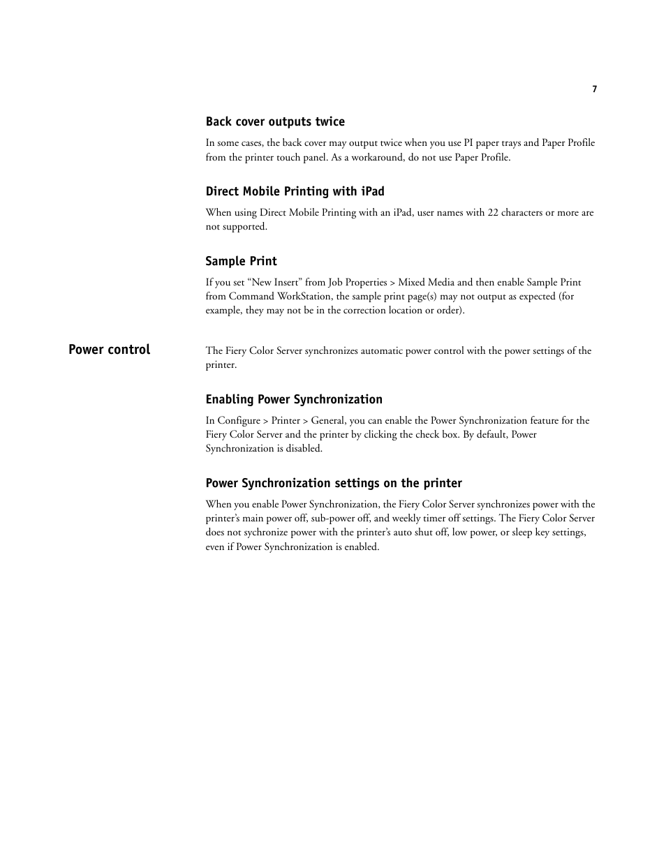 Back cover outputs twice, Direct mobile printing with ipad, Sample print | Power control, Enabling power synchronization, Power synchronization settings on the printer | Konica Minolta bizhub PRESS C1060 User Manual | Page 7 / 9