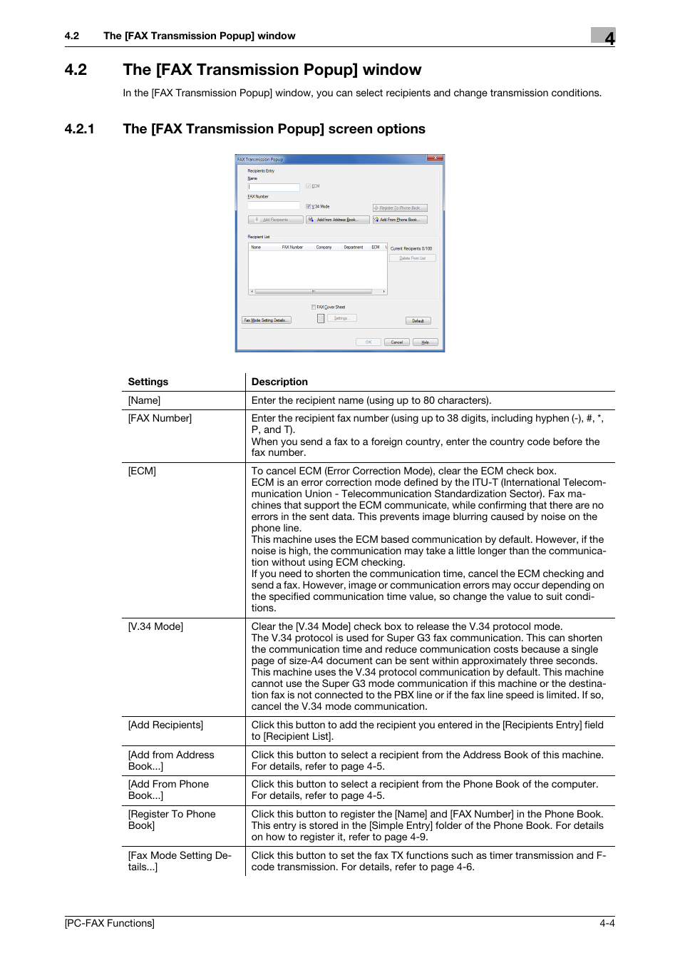 2 the [fax transmission popup] window, 1 the [fax transmission popup] screen options, The [fax transmission popup] window -4 | The [fax transmission popup] screen options -4 | Konica Minolta bizhub C3350 User Manual | Page 24 / 61