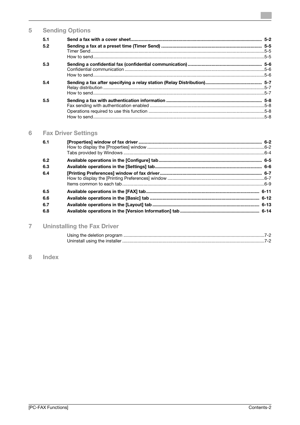 5sending options, 6fax driver settings, 7uninstalling the fax driver | 8index | Konica Minolta bizhub C3350 User Manual | Page 3 / 61