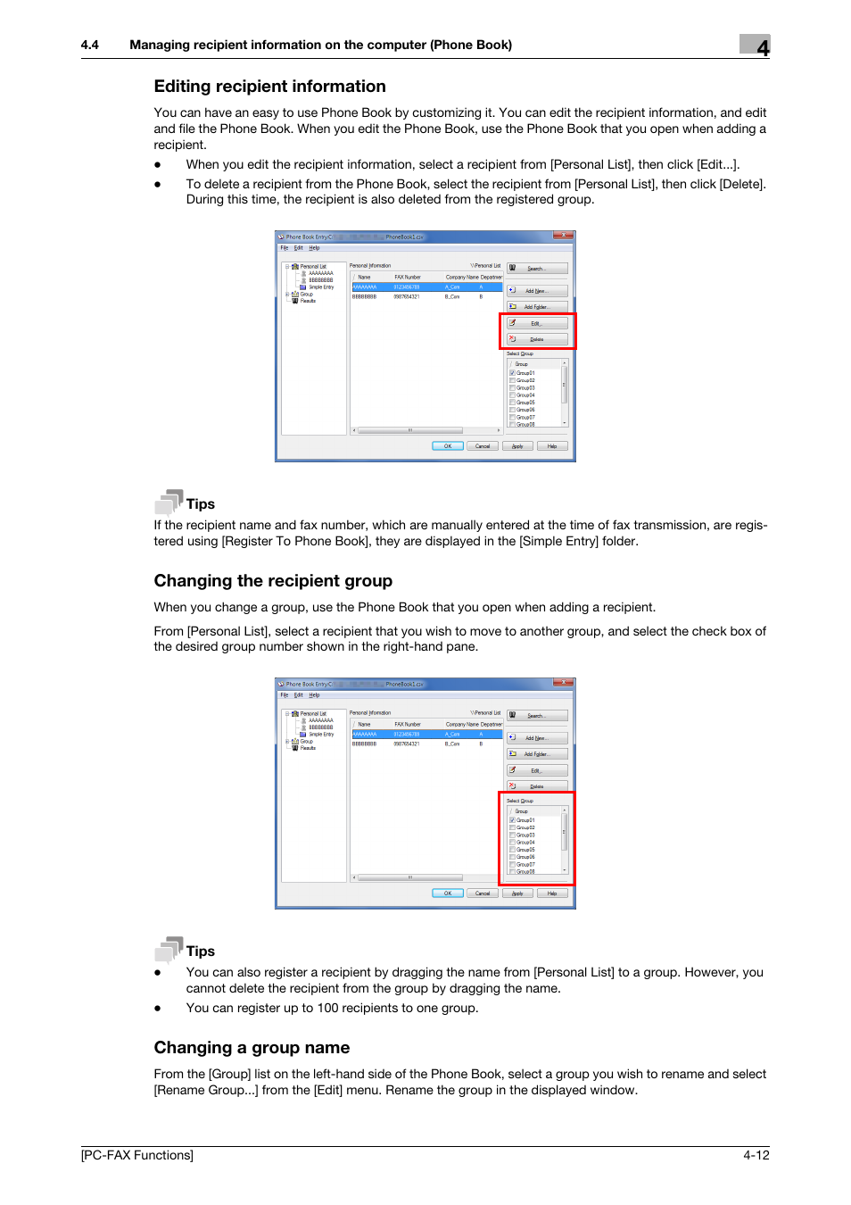 Editing recipient information, Changing the recipient group, Changing a group name | Konica Minolta bizhub C3350 User Manual | Page 32 / 61