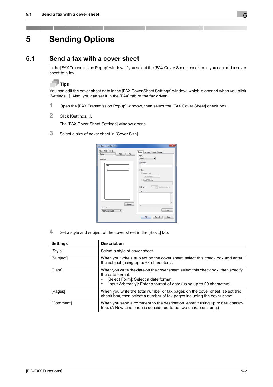 5 sending options, 1 send a fax with a cover sheet, Sending options | Send a fax with a cover sheet -2, 5sending options | Konica Minolta bizhub C3350 User Manual | Page 35 / 61