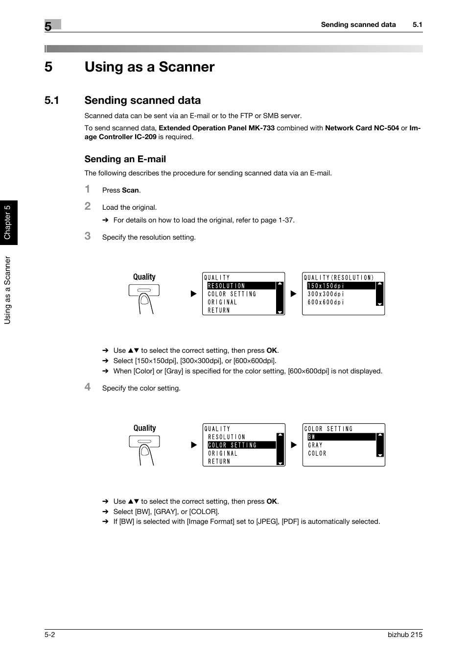 5 using as a scanner, 1 sending scanned data, Sending an e-mail | Using as a scanner, Sending scanned data -2 sending an e-mail -2, 5using as a scanner | Konica Minolta Bizhub 215 User Manual | Page 101 / 126