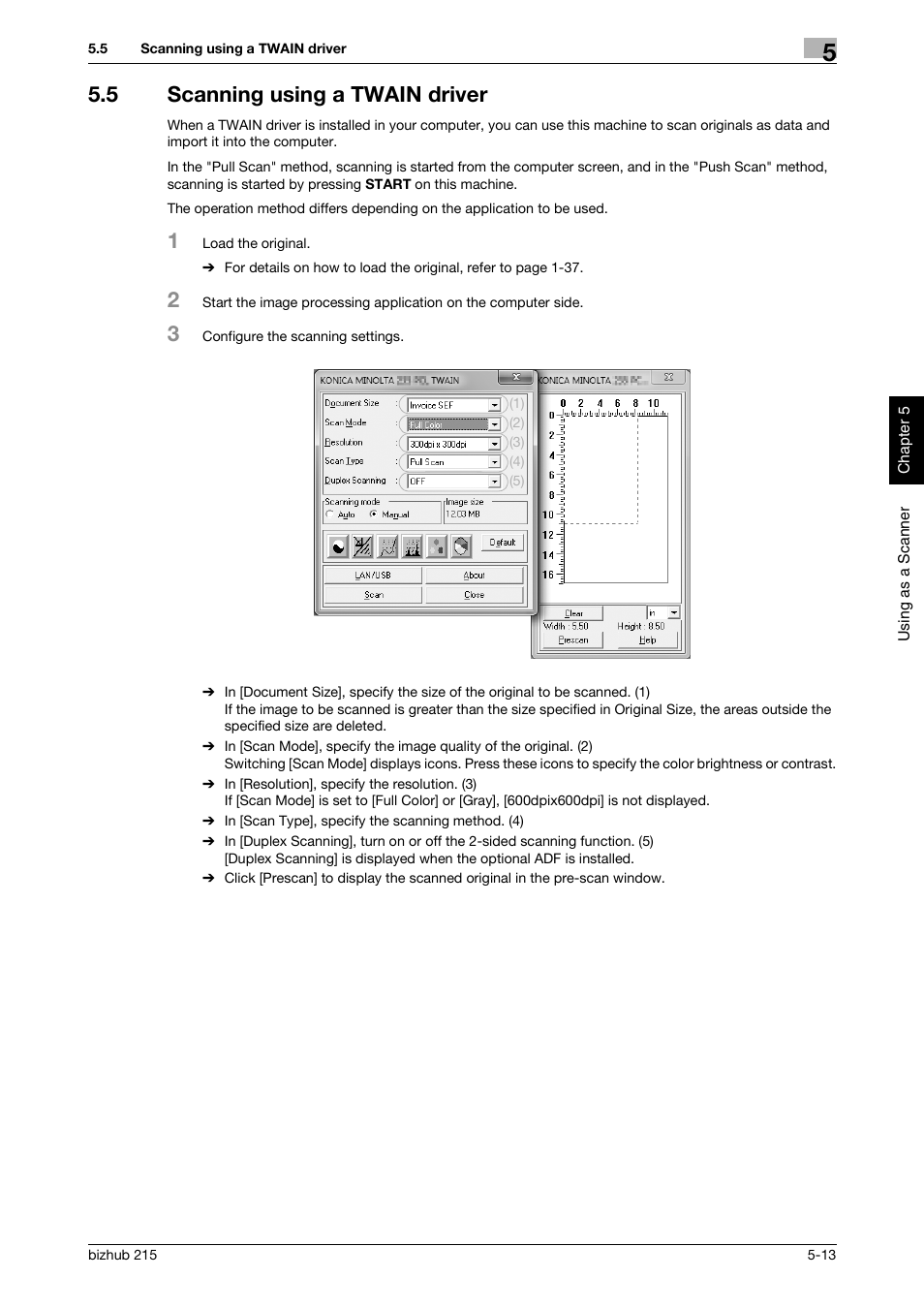 5 scanning using a twain driver, Scanning using a twain driver -13 | Konica Minolta Bizhub 215 User Manual | Page 112 / 126