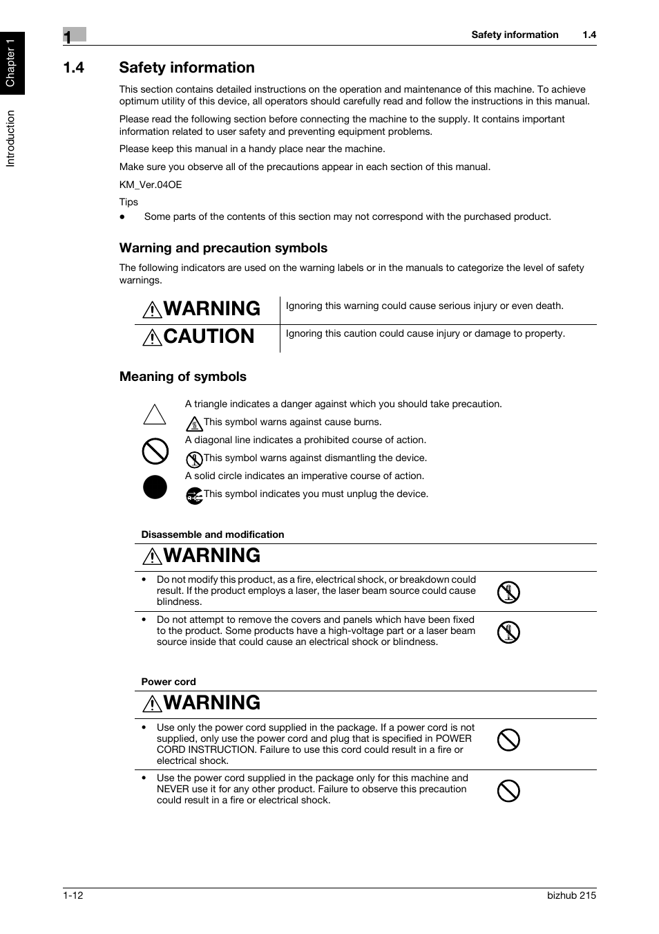 4 safety information, Warning and precaution symbols, Meaning of symbols | Warning, Caution | Konica Minolta Bizhub 215 User Manual | Page 17 / 126