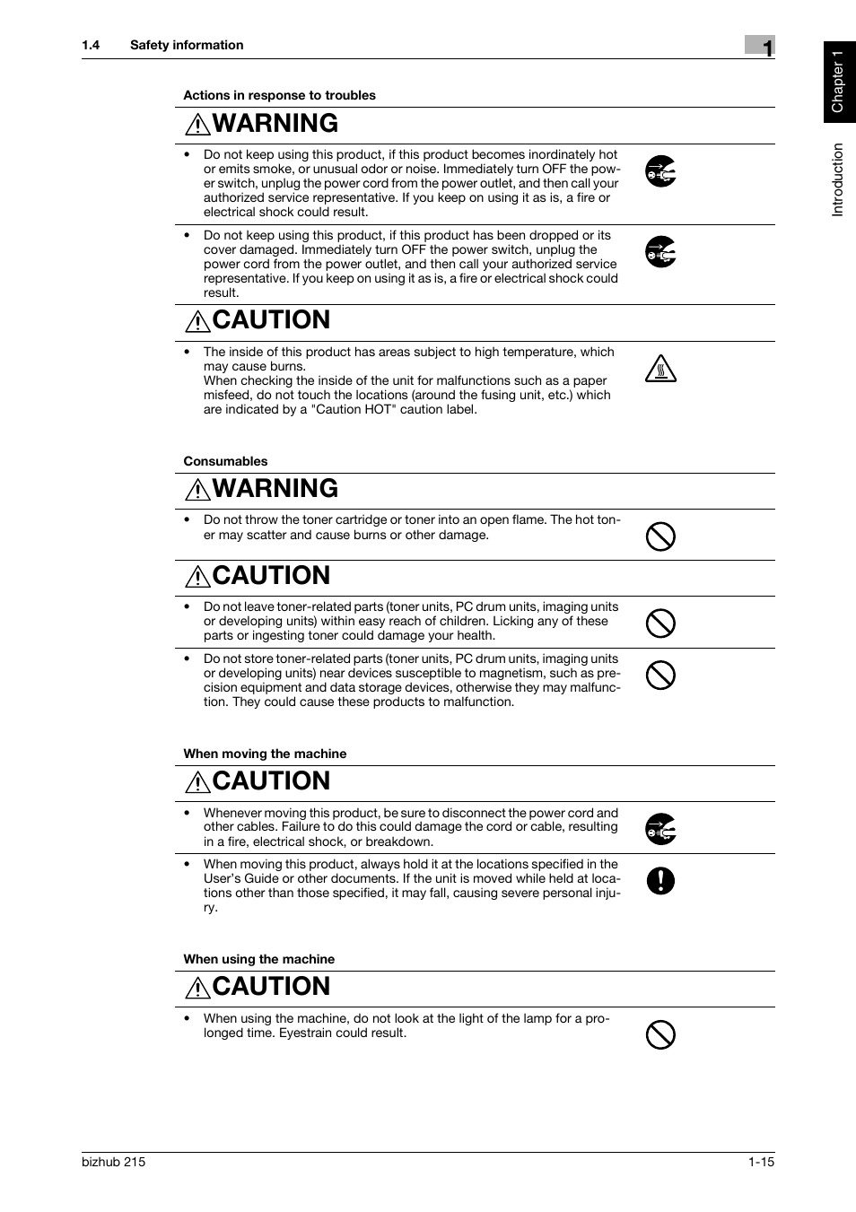 Warning, Caution | Konica Minolta Bizhub 215 User Manual | Page 20 / 126