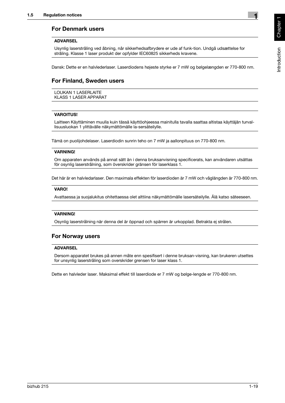 For denmark users, For finland, sweden users, For norway users | Konica Minolta Bizhub 215 User Manual | Page 24 / 126