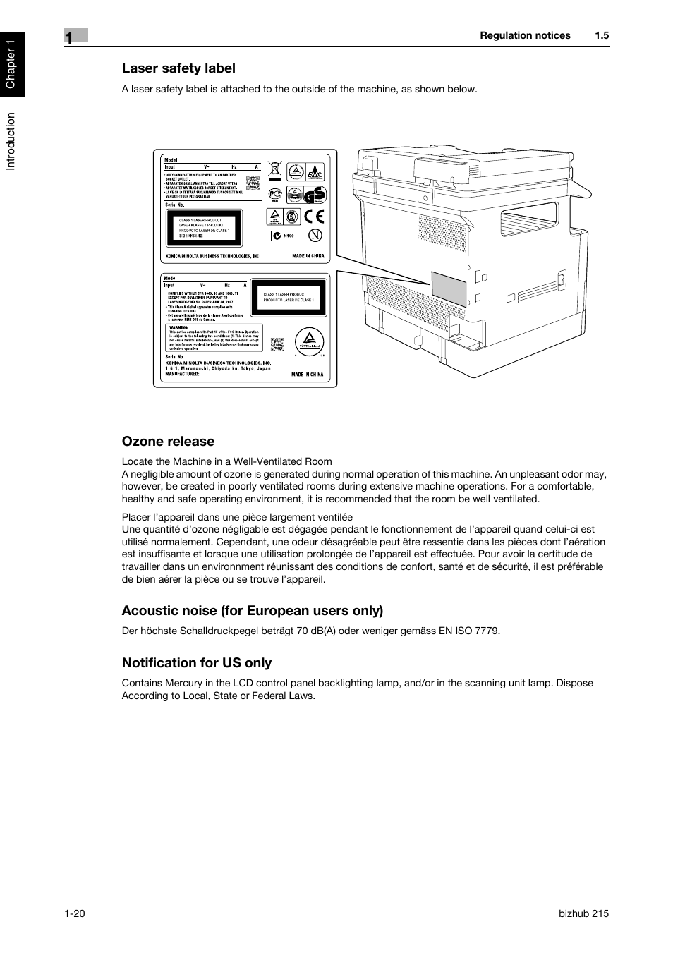 Laser safety label, Ozone release, Acoustic noise (for european users only) | Notification for us only | Konica Minolta Bizhub 215 User Manual | Page 25 / 126
