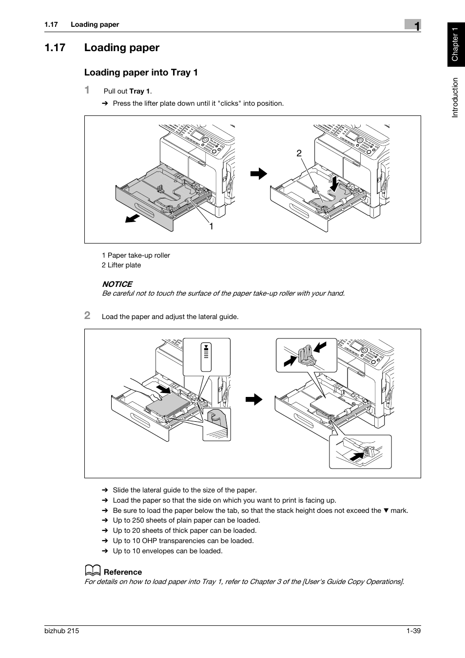 17 loading paper, Loading paper into tray 1, Loading paper -39 loading paper into tray 1 -39 | Konica Minolta Bizhub 215 User Manual | Page 44 / 126