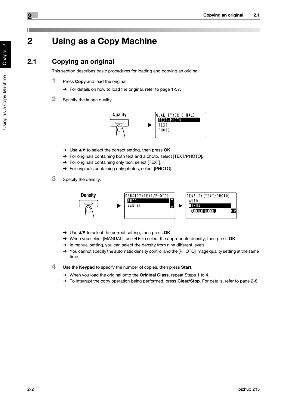 2 using as a copy machine, 1 copying an original, Using as a copy machine | Copying an original -2, 2using as a copy machine | Konica Minolta Bizhub 215 User Manual | Page 55 / 126