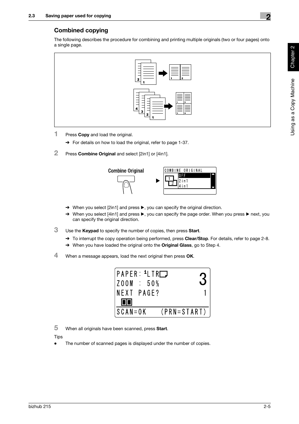 Combined copying, Combined copying -5 | Konica Minolta Bizhub 215 User Manual | Page 58 / 126