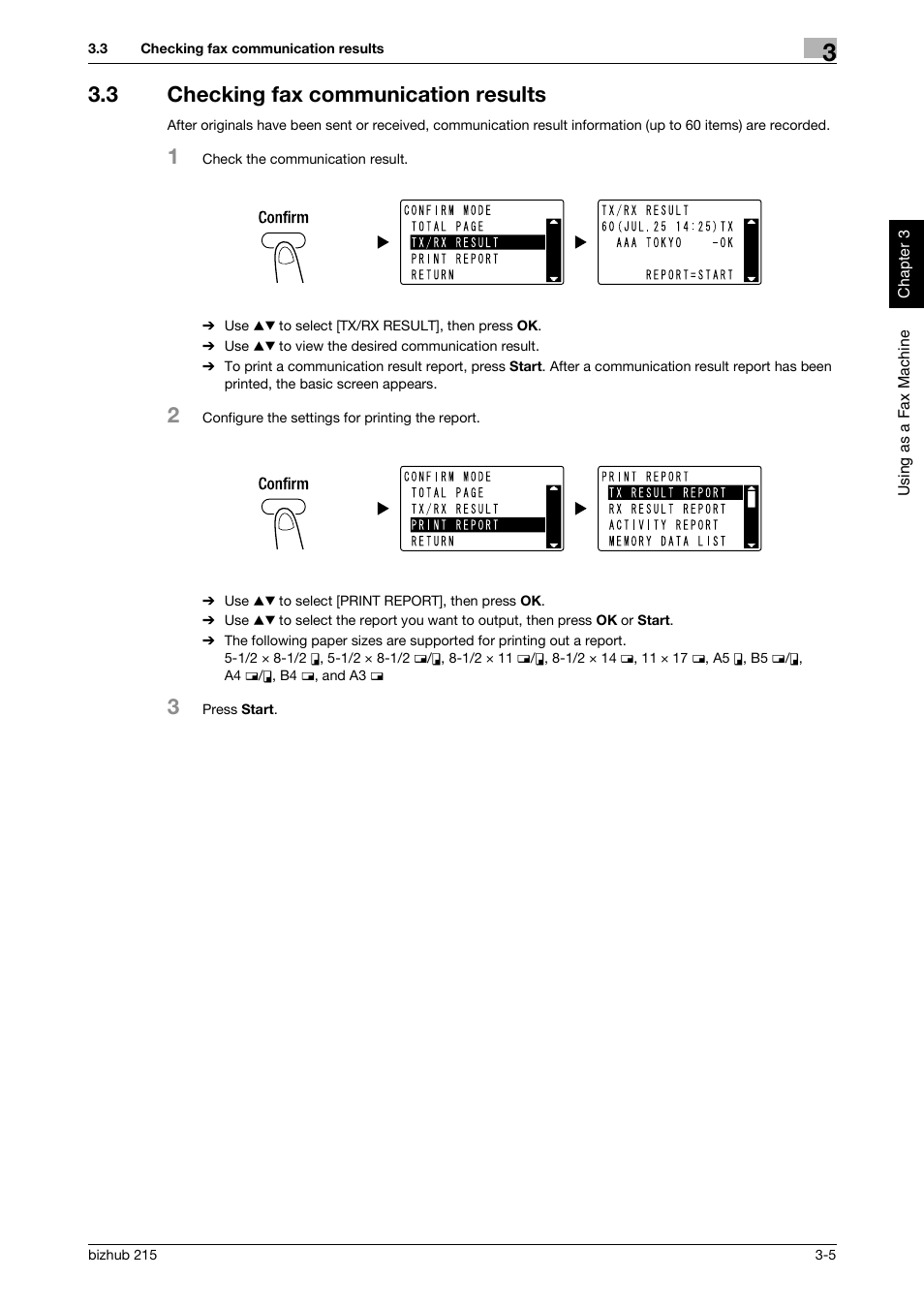 3 checking fax communication results, Checking fax communication results -5 | Konica Minolta Bizhub 215 User Manual | Page 66 / 126