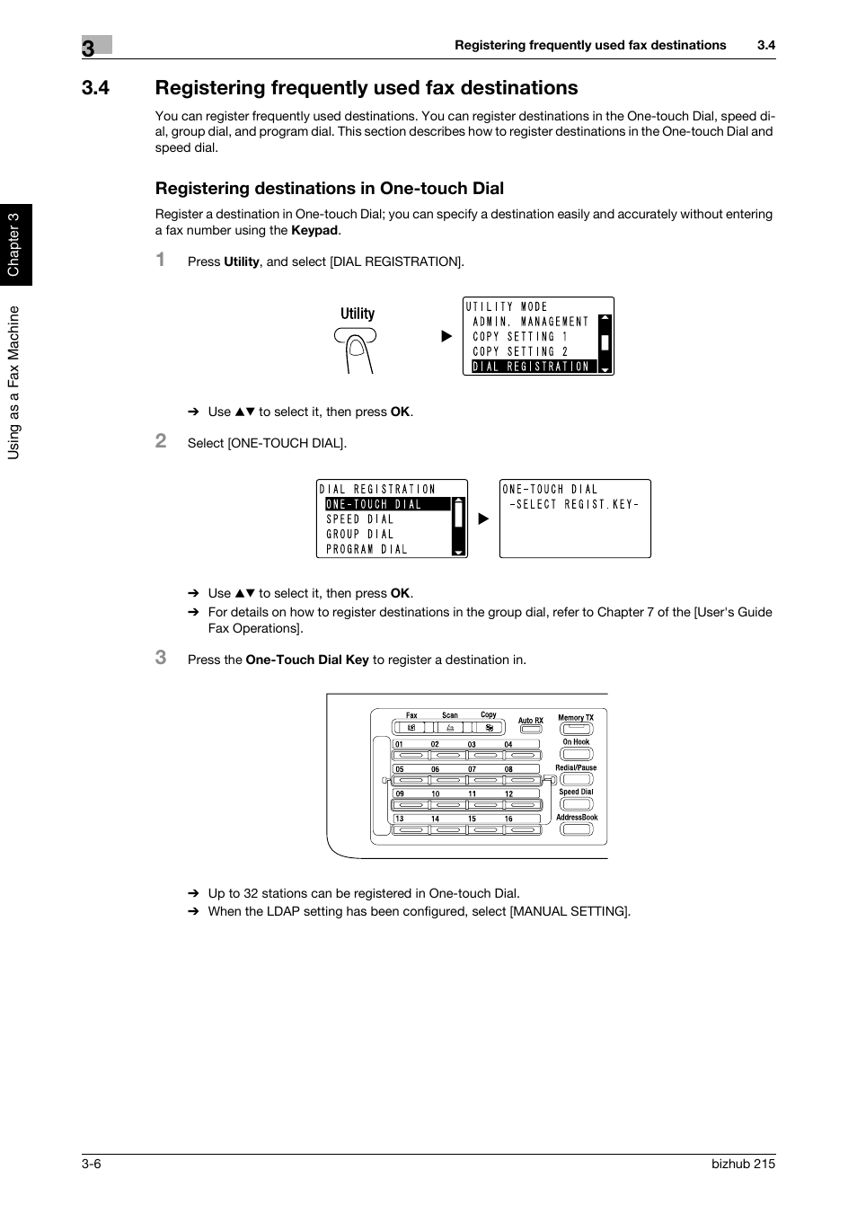 4 registering frequently used fax destinations, Registering destinations in one-touch dial | Konica Minolta Bizhub 215 User Manual | Page 67 / 126