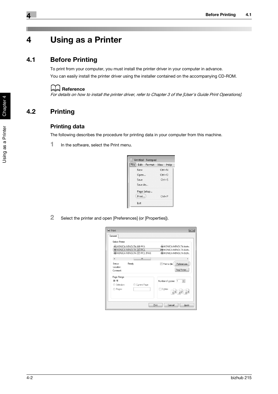 4 using as a printer, 1 before printing, 2 printing | Printing data, Using as a printer, Before printing -2, Printing -2 printing data -2, 4using as a printer | Konica Minolta Bizhub 215 User Manual | Page 79 / 126