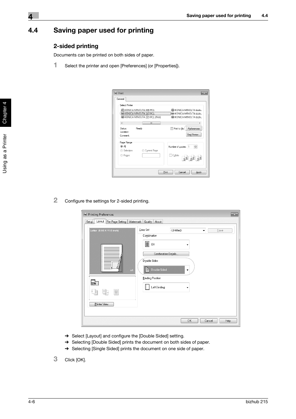 4 saving paper used for printing, Sided printing | Konica Minolta Bizhub 215 User Manual | Page 83 / 126