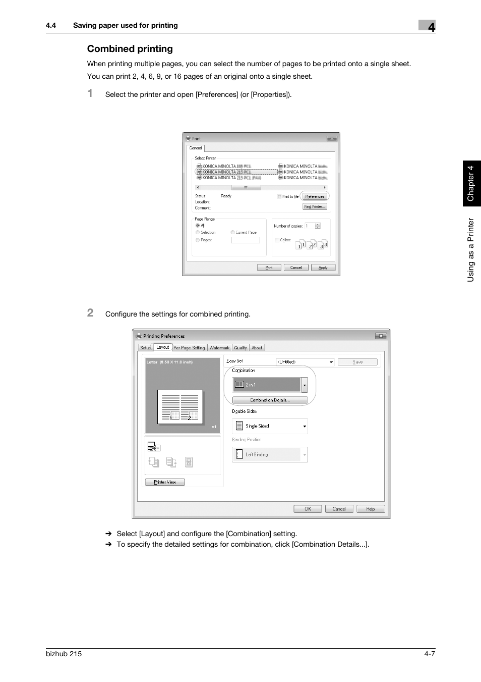 Combined printing, Combined printing -7 | Konica Minolta Bizhub 215 User Manual | Page 84 / 126