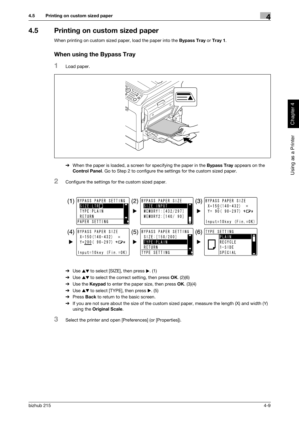 5 printing on custom sized paper, When using the bypass tray | Konica Minolta Bizhub 215 User Manual | Page 86 / 126