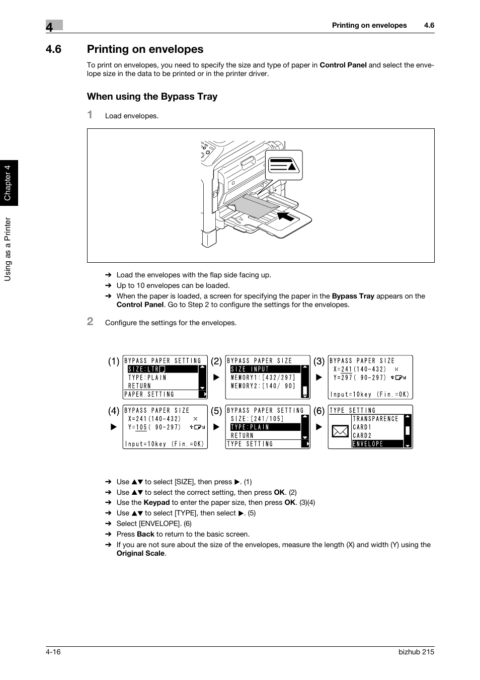 6 printing on envelopes, When using the bypass tray | Konica Minolta Bizhub 215 User Manual | Page 93 / 126