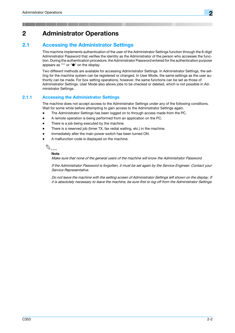 2 administrator operations, 1 accessing the administrator settings, Administrator operations | Accessing the administrator settings -2, 2administrator operations | Konica Minolta bizhub C353 User Manual | Page 13 / 65