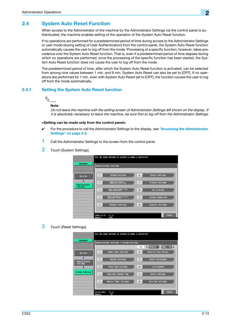 4 system auto reset function, 1 setting the system auto reset function, Setting can be made only from the control panel | System auto reset function -13 | Konica Minolta bizhub C353 User Manual | Page 24 / 65