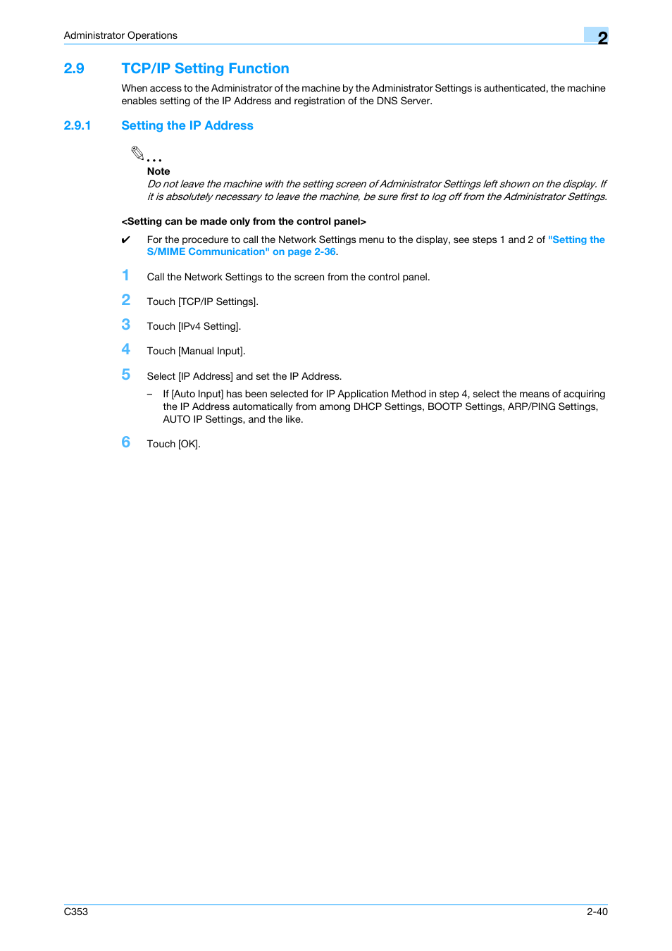 9 tcp/ip setting function, 1 setting the ip address, Setting can be made only from the control panel | Tcp/ip setting function -40 | Konica Minolta bizhub C353 User Manual | Page 51 / 65