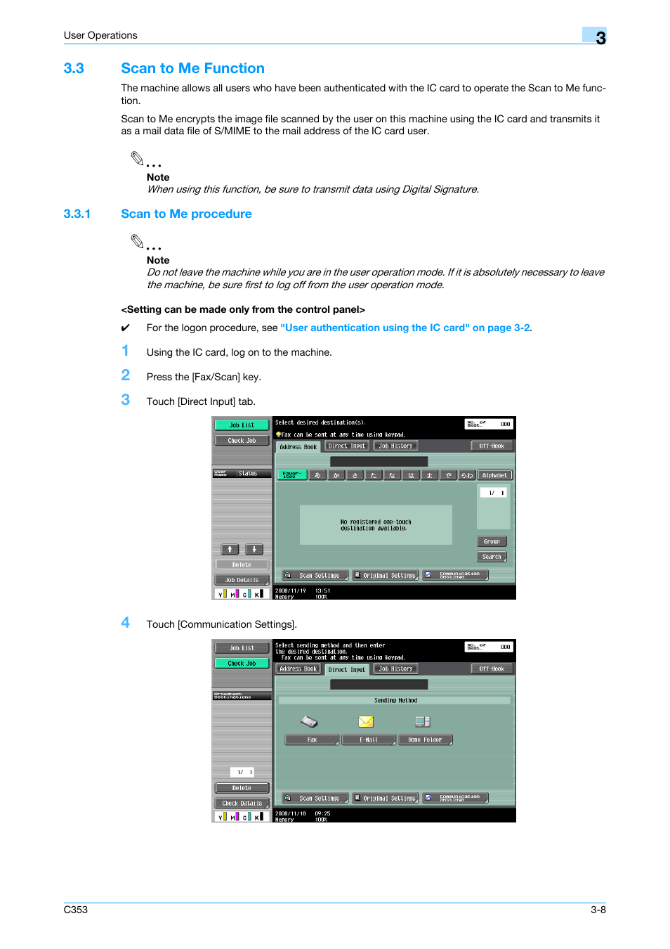3 scan to me function, 1 scan to me procedure, Setting can be made only from the control panel | Scan to me function -8 | Konica Minolta bizhub C353 User Manual | Page 63 / 65