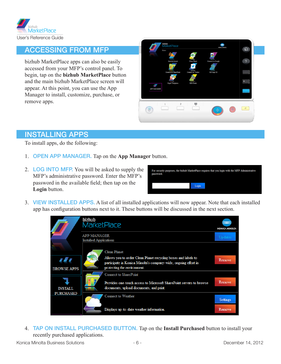 Accessing from mfp, Installing apps, Accessing from mfp installing apps | Konica Minolta bizhub MarketPlace User Manual | Page 10 / 14