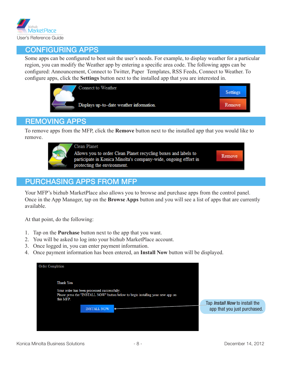 Configuring apps, Removing apps, Purchasing apps from mfp | Removing apps purchasing apps from mfp | Konica Minolta bizhub MarketPlace User Manual | Page 12 / 14