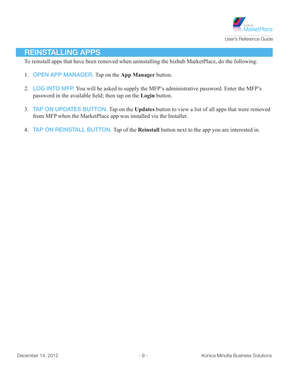 Reinstalling apps | Konica Minolta bizhub MarketPlace User Manual | Page 13 / 14