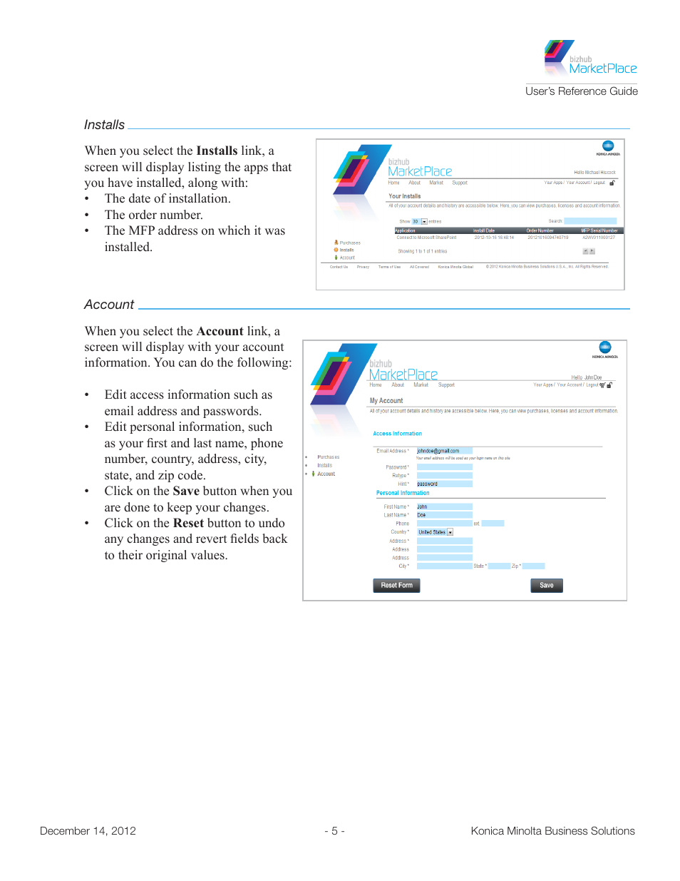 Installs, Account | Konica Minolta bizhub MarketPlace User Manual | Page 9 / 14