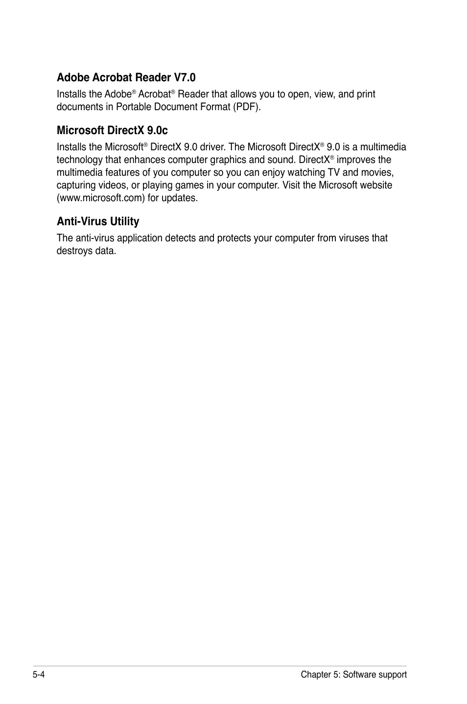 Adobe acrobat reader v7.0, Microsoft directx 9.0c, Anti-virus utility | Asus P5K WS User Manual | Page 106 / 148