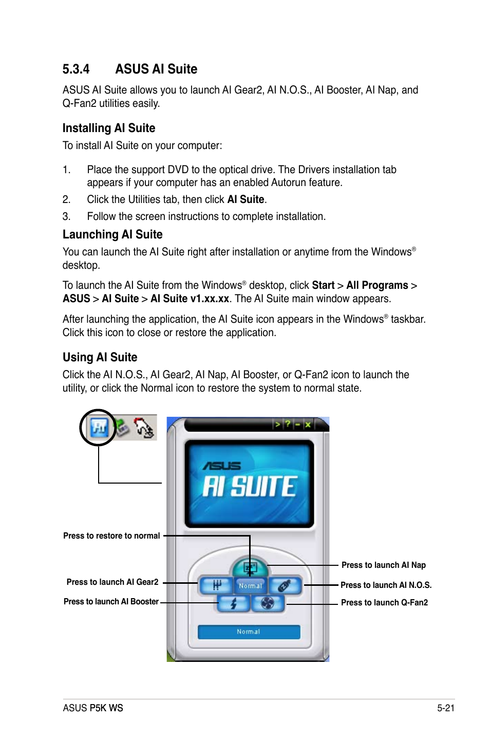 4 asus ai suite, Installing ai suite, Launching ai suite | Using ai suite | Asus P5K WS User Manual | Page 123 / 148