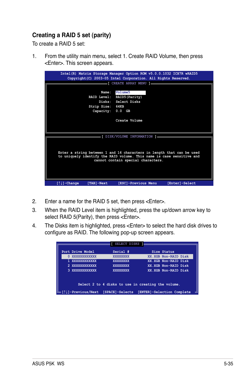 Creating a raid 5 set (parity) | Asus P5K WS User Manual | Page 137 / 148