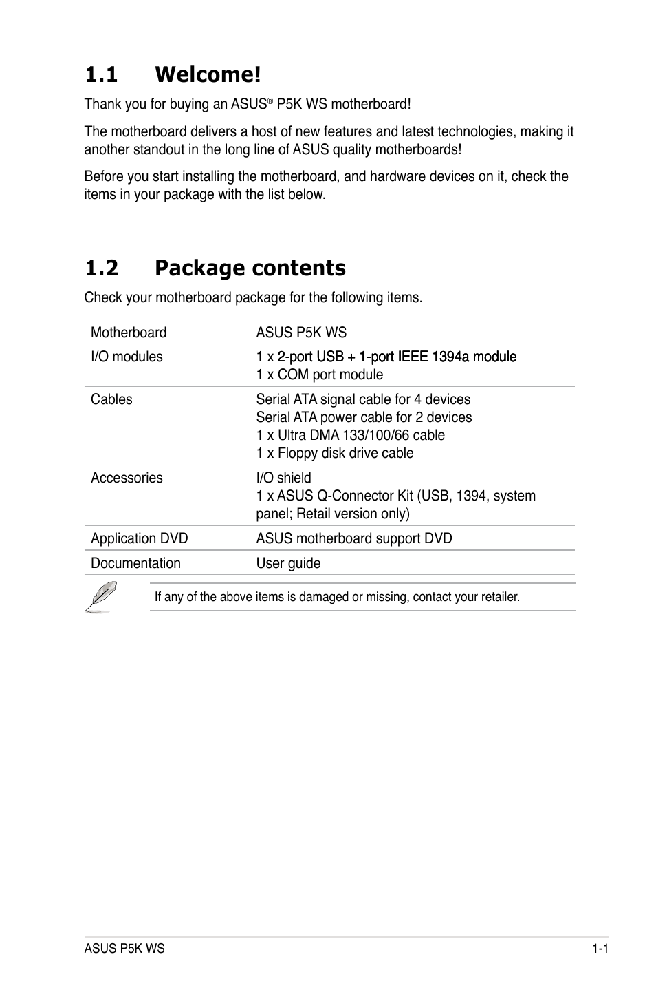 1 welcome, 2 package contents | Asus P5K WS User Manual | Page 15 / 148