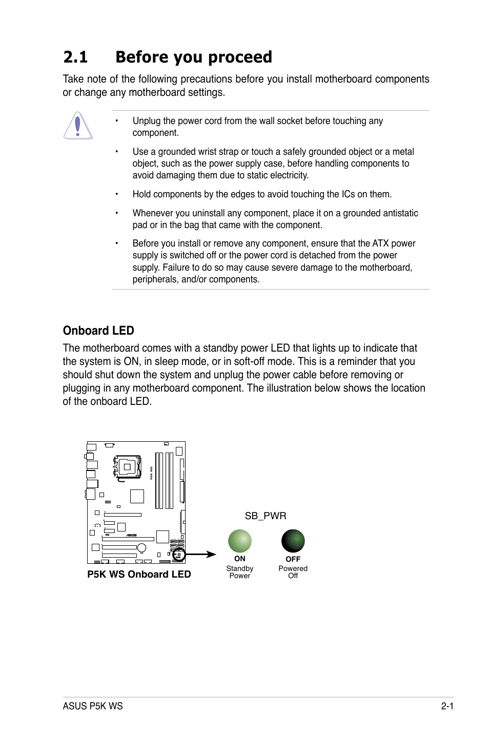 1 before you proceed, Onboard led | Asus P5K WS User Manual | Page 23 / 148