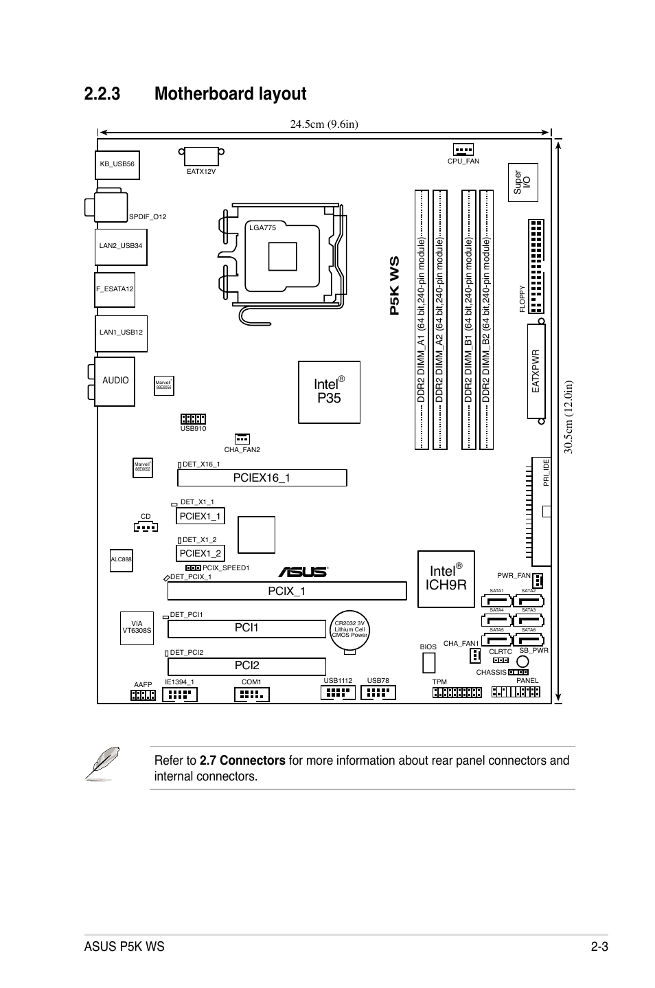 3 motherboard layout, Intel, Ich9r | Asus p5k ws 2-3, P5 k w s, Pcix_1 | Asus P5K WS User Manual | Page 25 / 148