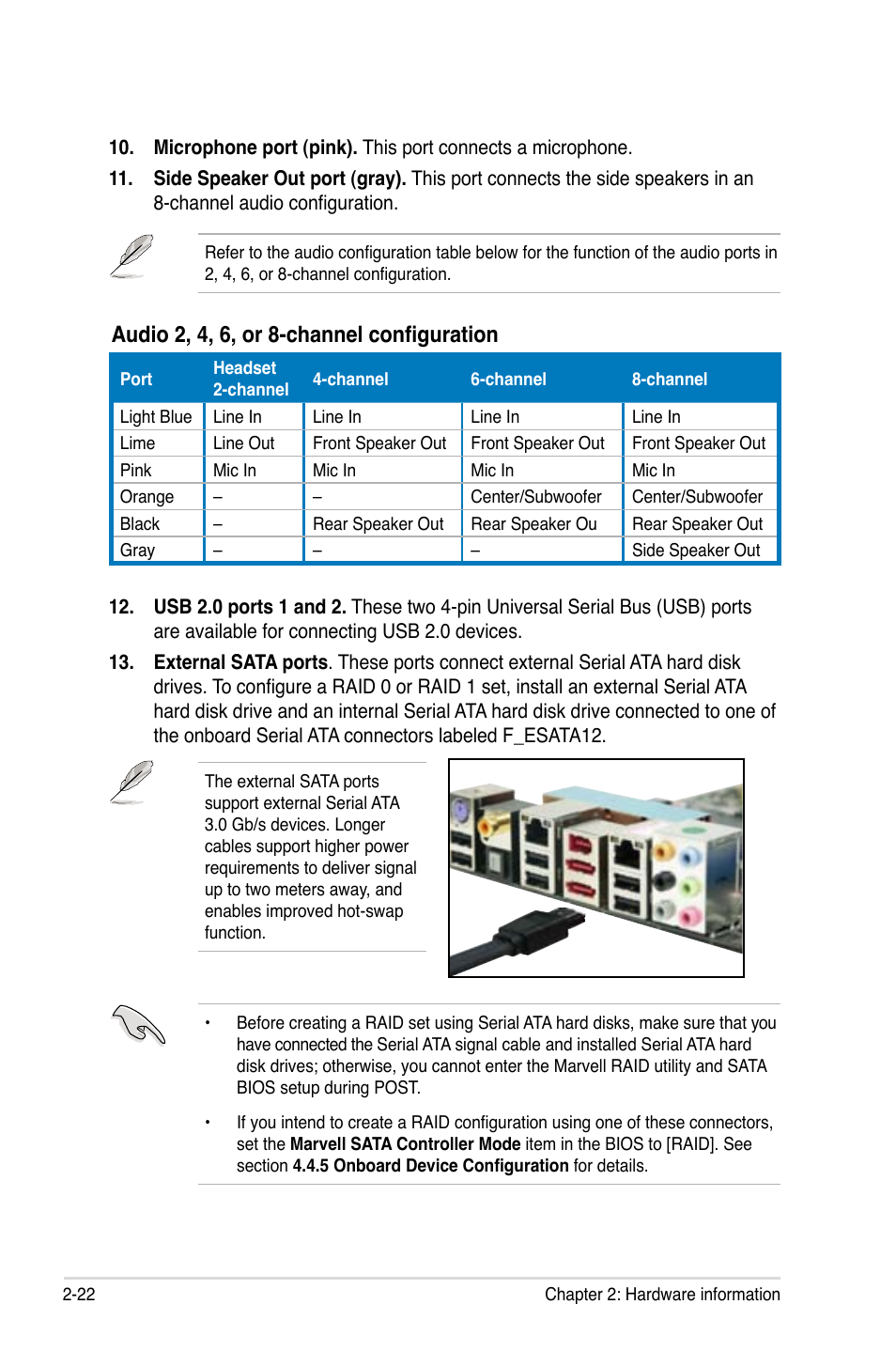 Audio 2, 4, 6, or 8-channel configuration | Asus P5K WS User Manual | Page 44 / 148