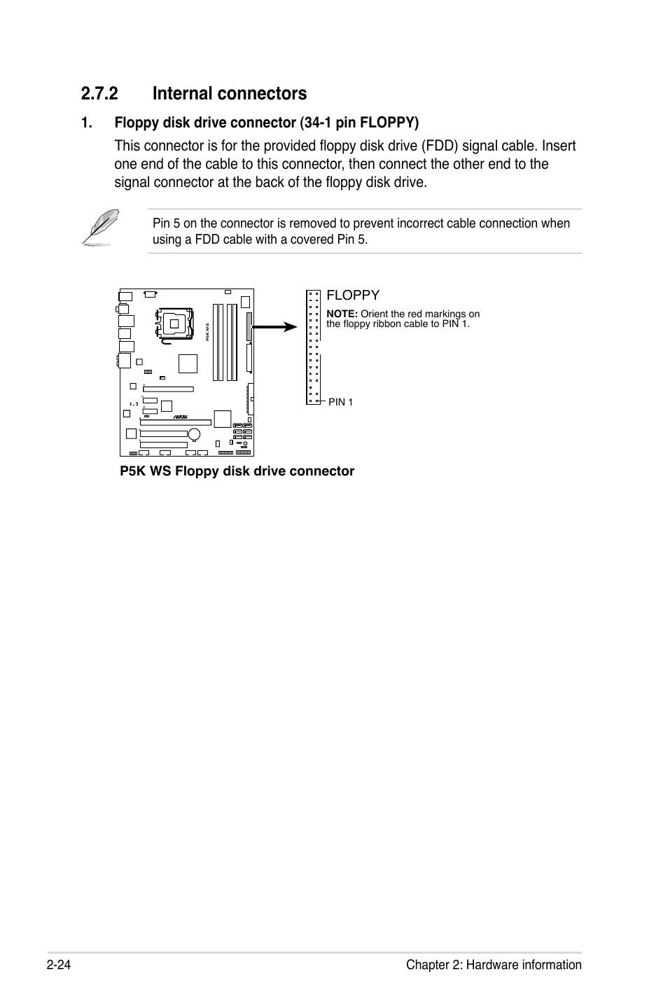 2 internal connectors, 24 chapter 2: hardware information, P5k ws floppy disk drive connector | Floppy | Asus P5K WS User Manual | Page 46 / 148