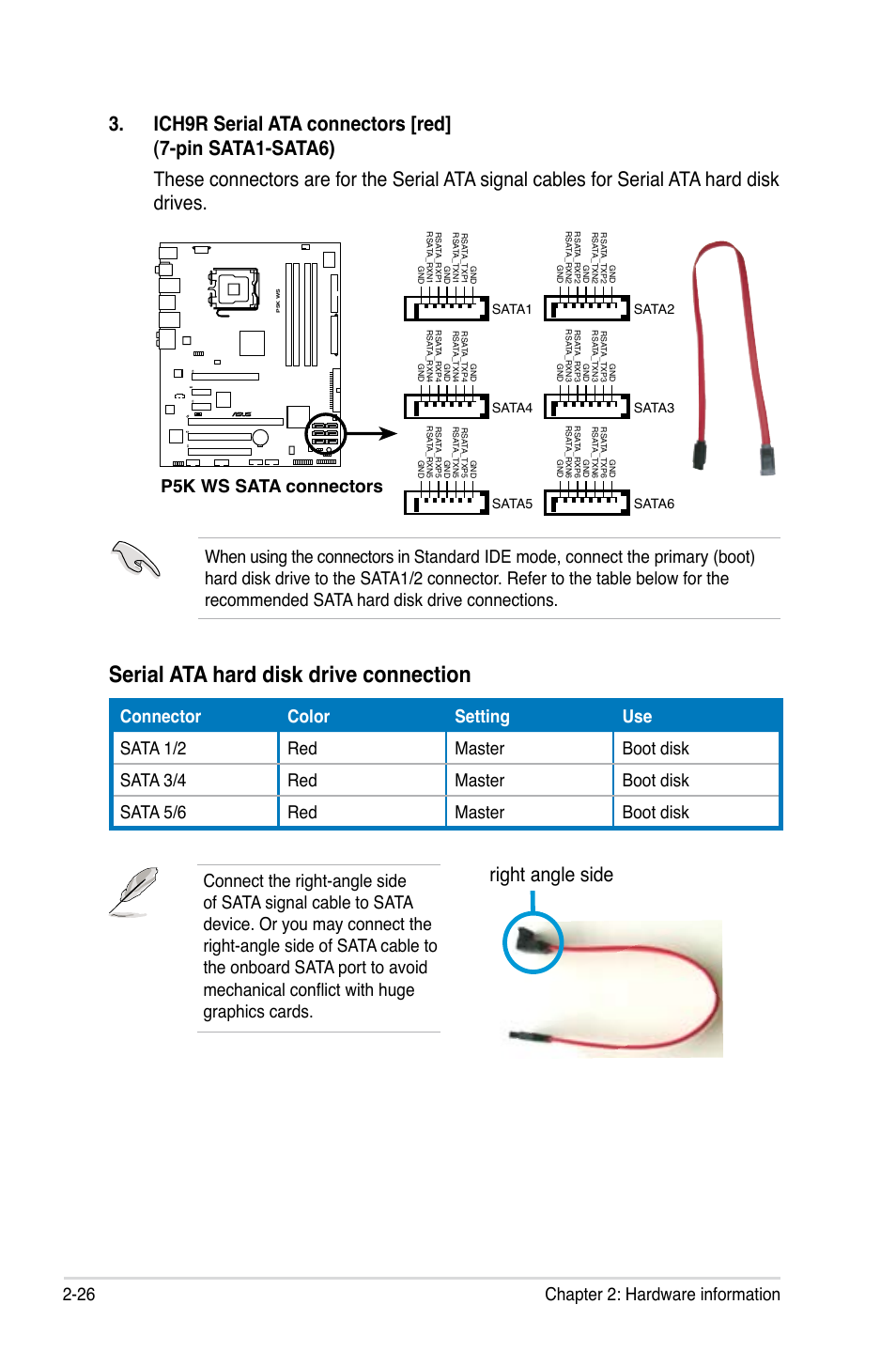 Serial ata hard disk drive connection, Right angle side, 26 chapter 2: hardware information | P5k ws sata connectors, P5b sata connectors, Sata2 sata1, Sata3 sata4, Sata6 sata5, Sata1 sata4 sata3 sata2 | Asus P5K WS User Manual | Page 48 / 148