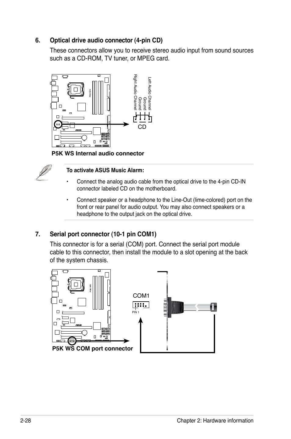 28 chapter 2: hardware information, P5k ws internal audio connector cd, P5k ws com port connector | Com1 | Asus P5K WS User Manual | Page 50 / 148