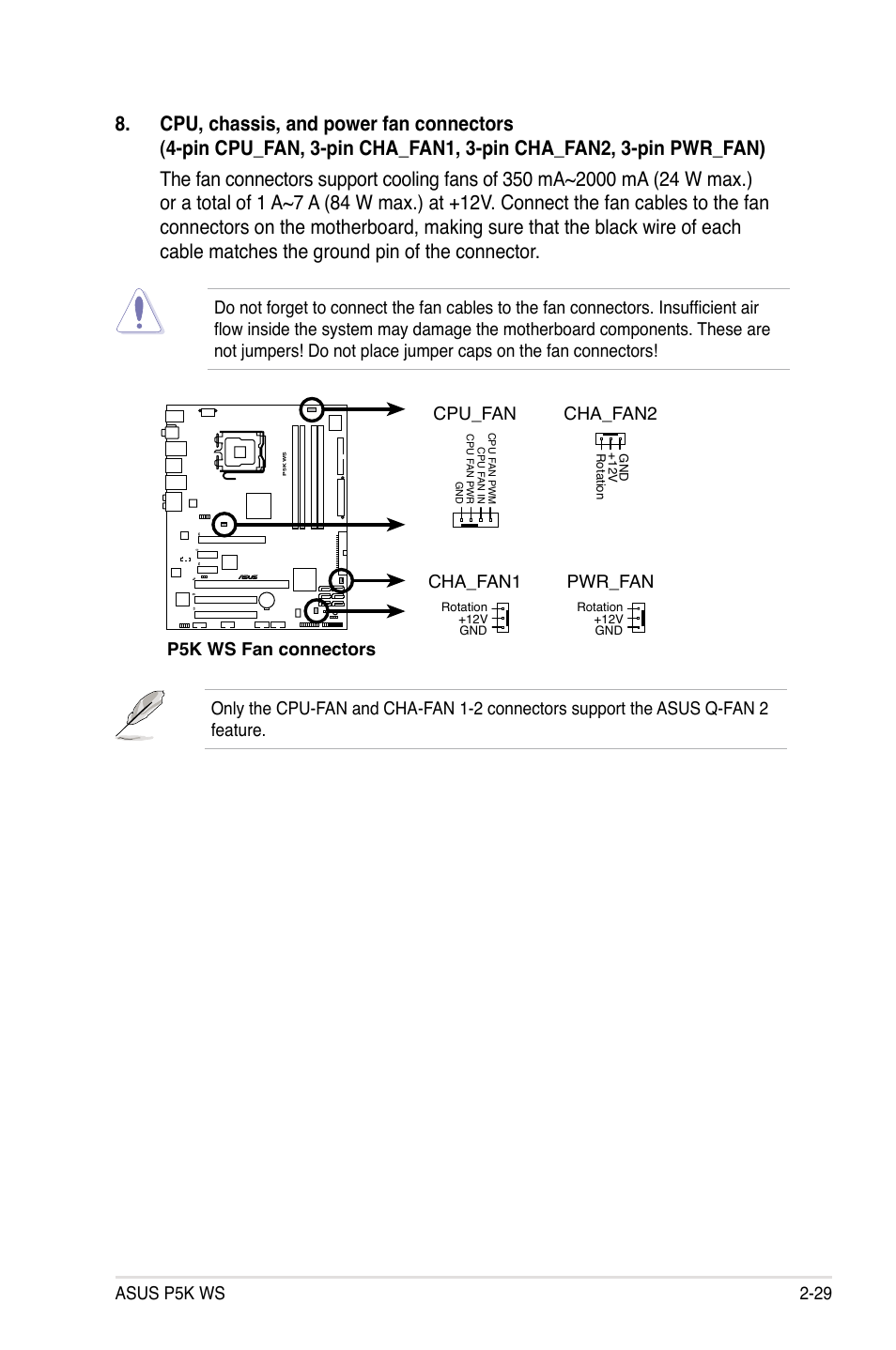 Asus p5k ws 2-29, P5k ws fan connectors cpu_fan cha_fan1, Cha_fan2 pwr_fan | Asus P5K WS User Manual | Page 51 / 148