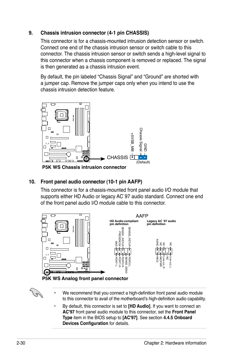 30 chapter 2: hardware information, P5k ws chassis intrusion connector chassis, P5k ws analog front panel connector aafp | Asus P5K WS User Manual | Page 52 / 148