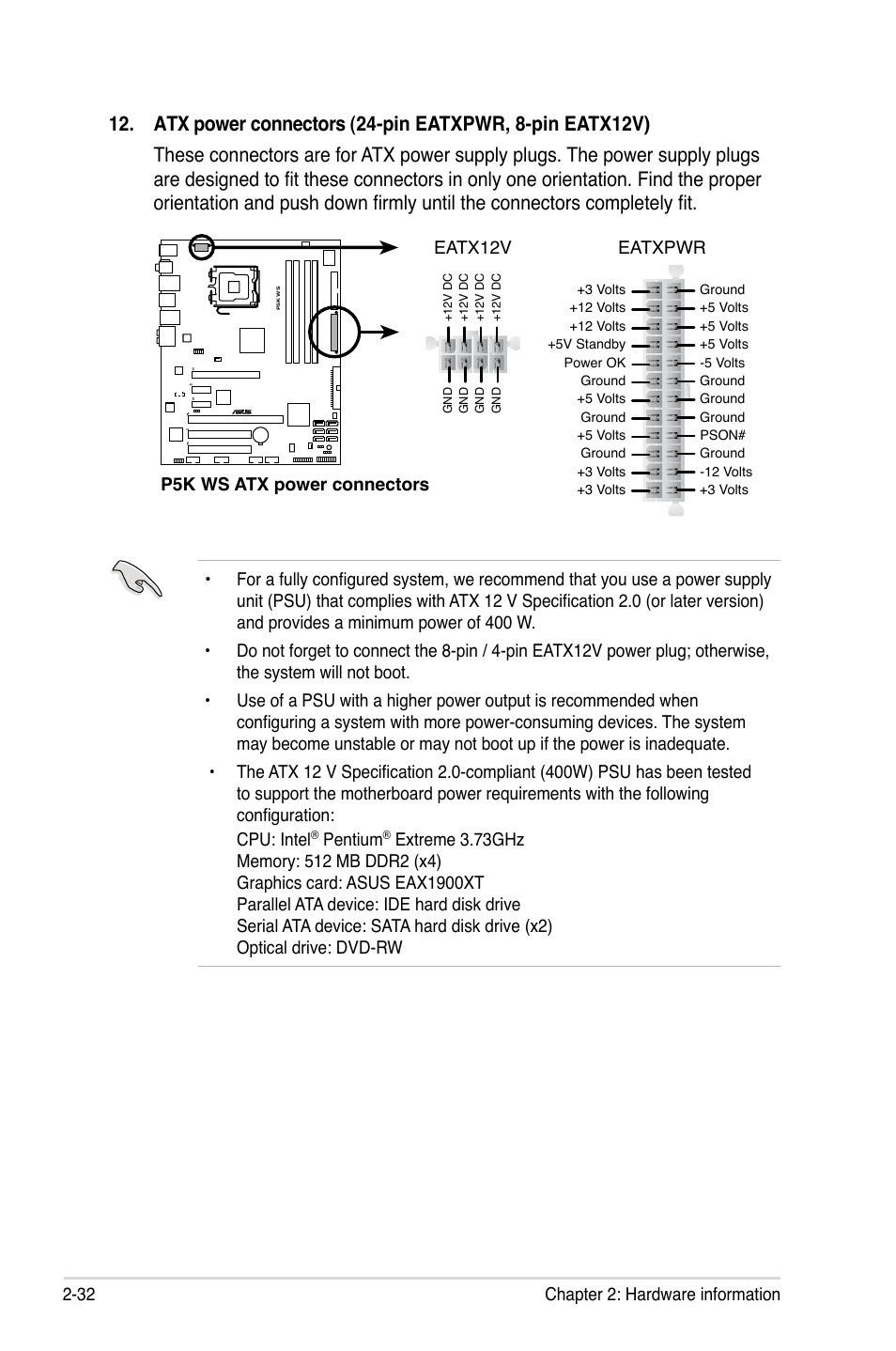 Pentium, P5k ws atx power connectors eatxpwr, Eatx12v | Asus P5K WS User Manual | Page 54 / 148