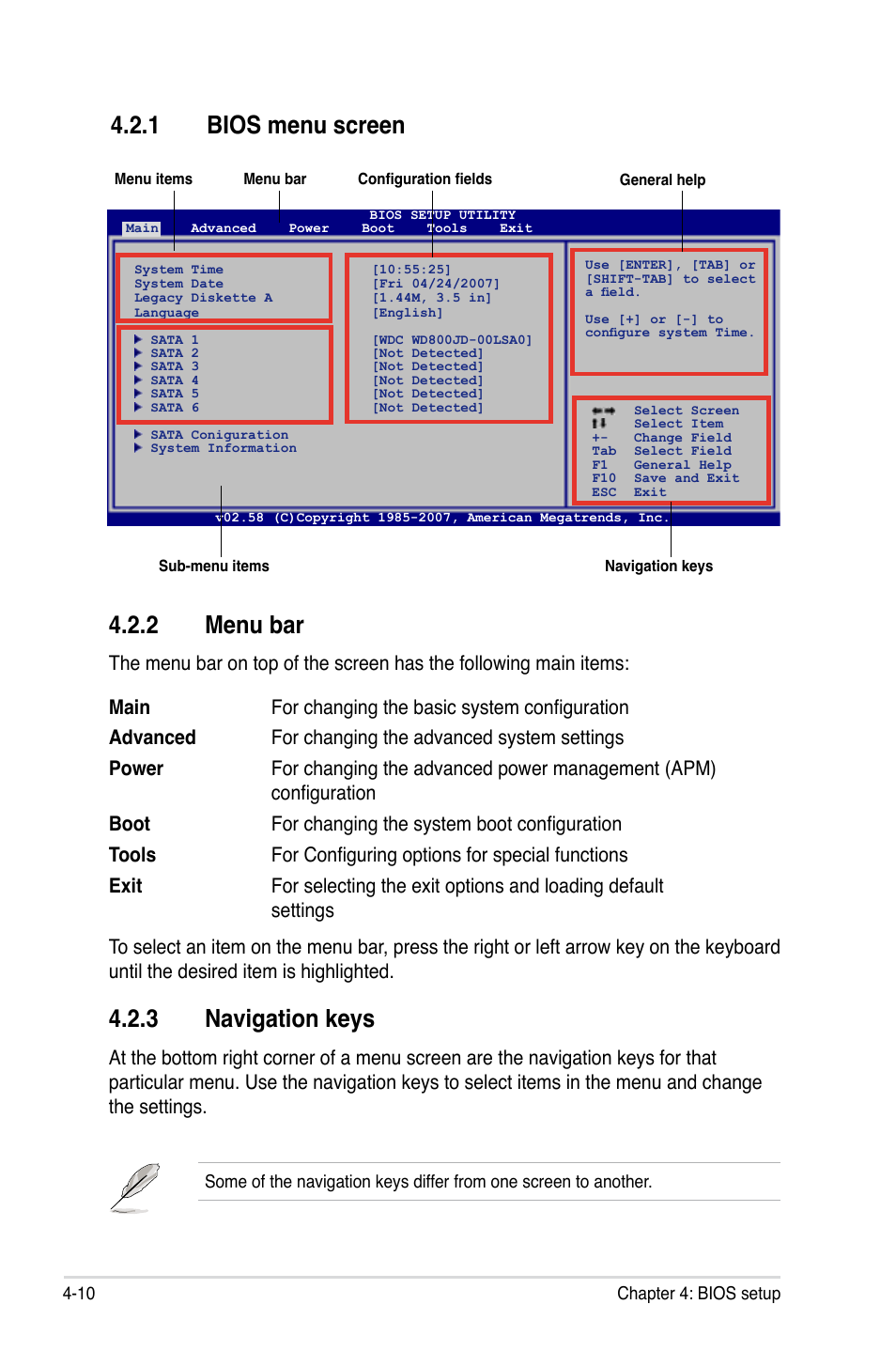 2 menu bar, 3 navigation keys, 1 bios menu screen | Asus P5K WS User Manual | Page 72 / 148