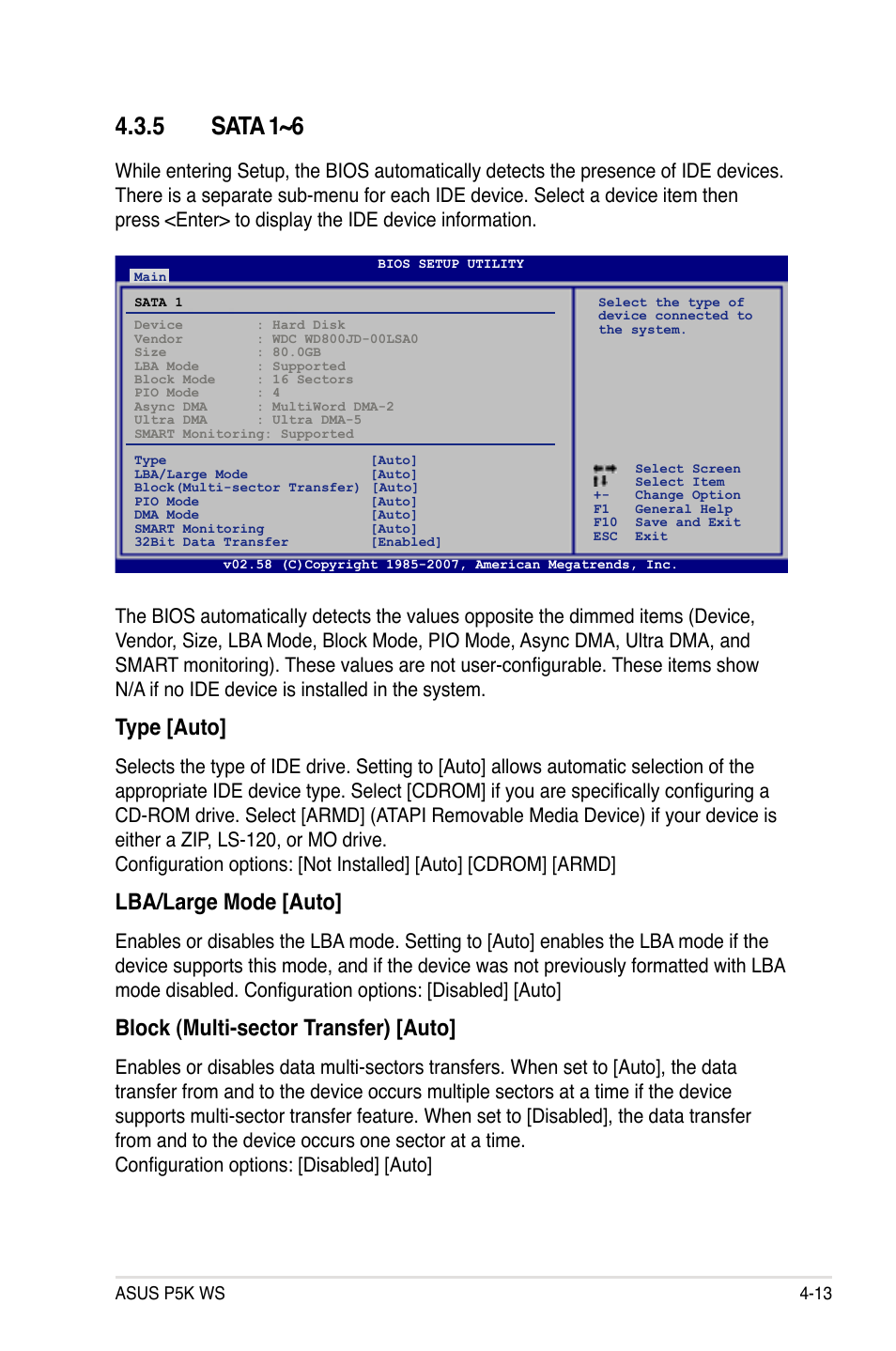 5 sata 1~6, Type [auto, Lba/large mode [auto | Block (multi-sector transfer) [auto | Asus P5K WS User Manual | Page 75 / 148