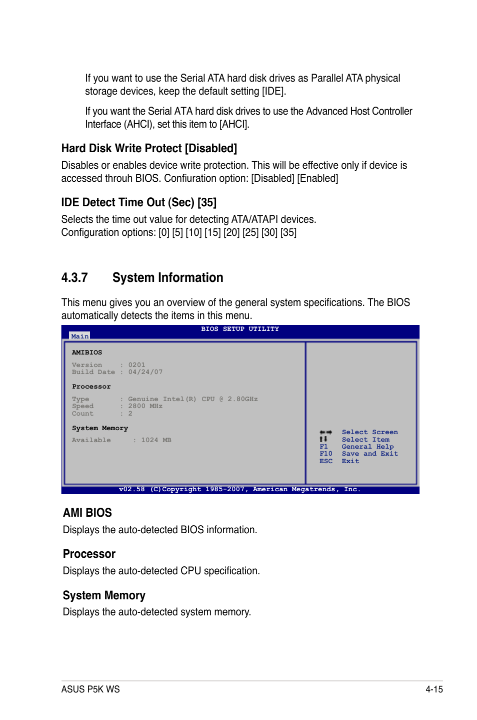 7 system information, Ami bios, Processor | Hard disk write protect [disabled, Ide detect time out (sec) [35 | Asus P5K WS User Manual | Page 77 / 148