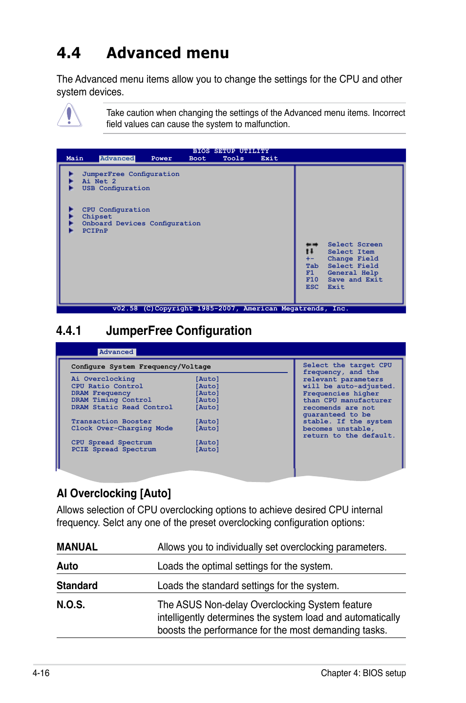 4 advanced menu, 1 jumperfree configuration, Ai overclocking [auto | Asus P5K WS User Manual | Page 78 / 148