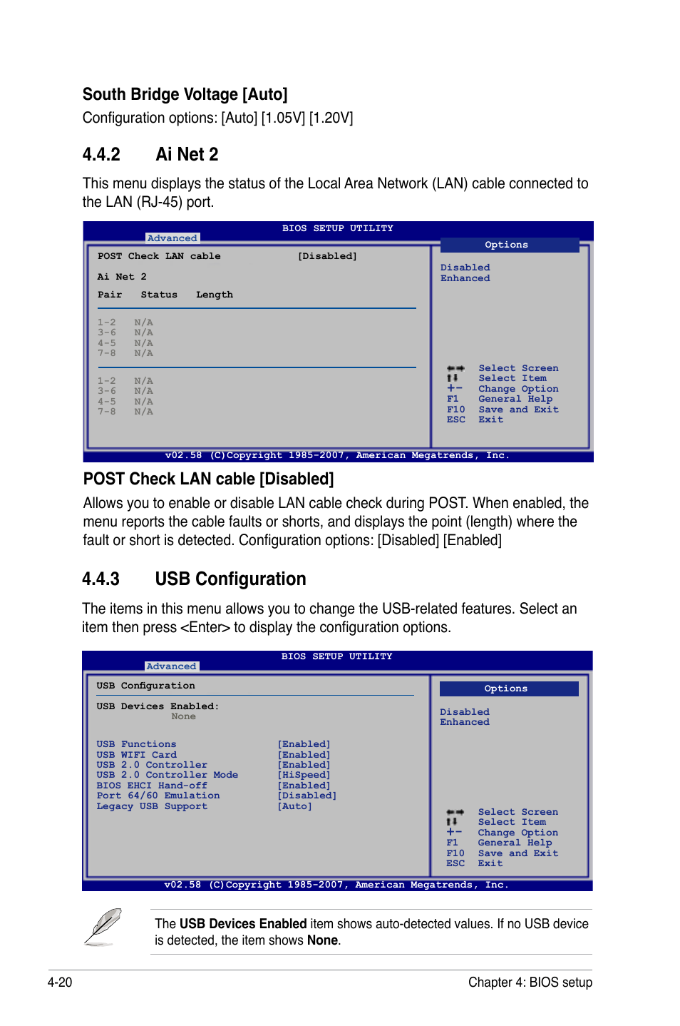 2 ai net 2, 3 usb configuration, South bridge voltage [auto | Post check lan cable [disabled | Asus P5K WS User Manual | Page 82 / 148