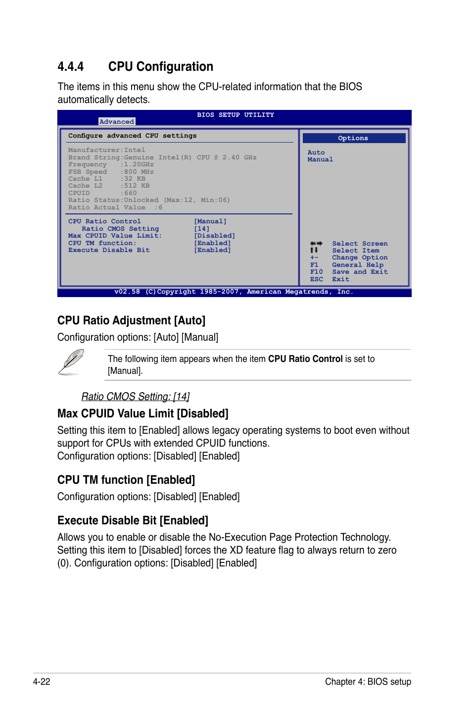 4 cpu configuration, Cpu ratio adjustment [auto, Max cpuid value limit [disabled | Cpu tm function [enabled, Execute disable bit [enabled, Configuration options: [auto] [manual, Ratio cmos setting: [14, Configuration options: [disabled] [enabled | Asus P5K WS User Manual | Page 84 / 148