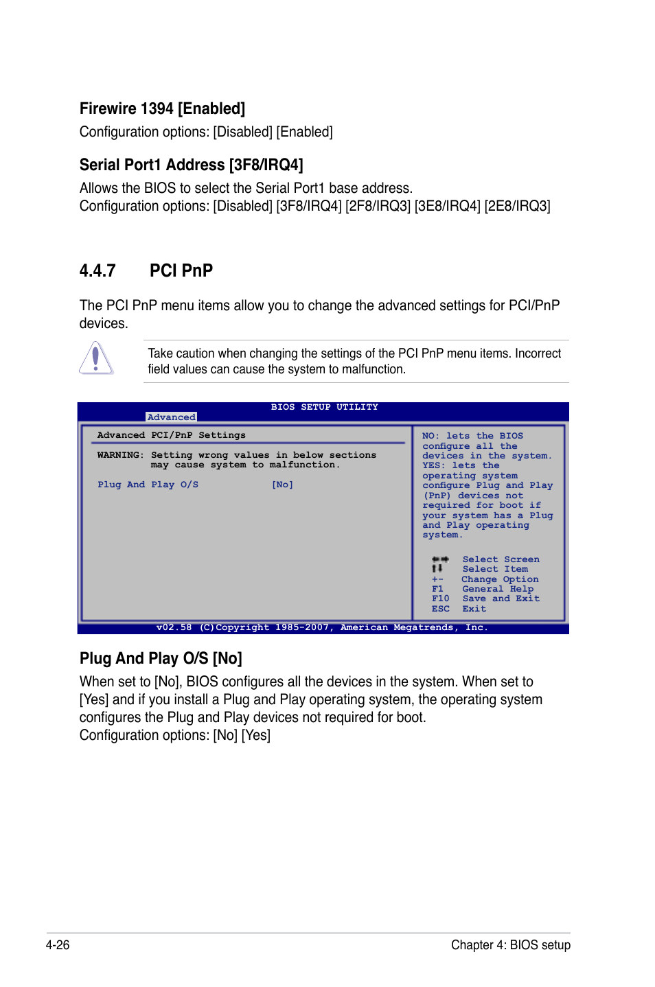 7 pci pnp, Firewire 1394 [enabled, Serial port1 address [3f8/irq4 | Plug and play o/s [no, Configuration options: [disabled] [enabled | Asus P5K WS User Manual | Page 88 / 148